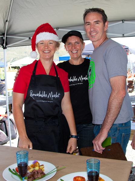 (L to R) Contestant Melissa Davidson, market manager Sherryn Smith and judge Dave Miller at the Remarkables Market Chef competition